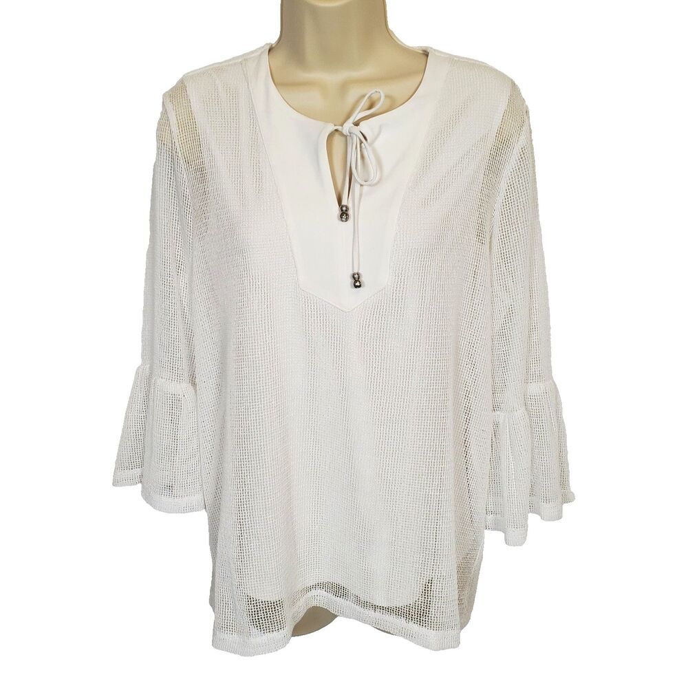 Joseph Ribkoff Women’s Blouse Small White Open Knit Mesh Resort Wear Bell Sleeve